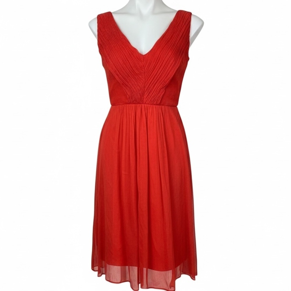 J Crew 100% Silk Red Sleeveless Dress Shirred Pleating Size 10